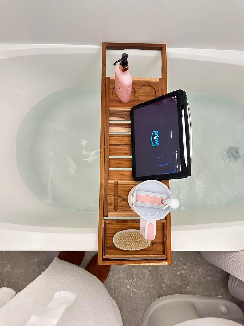 Teak Bathtub Tray Expandable Wooden Bath Tray Bathtub & Bathroom ...