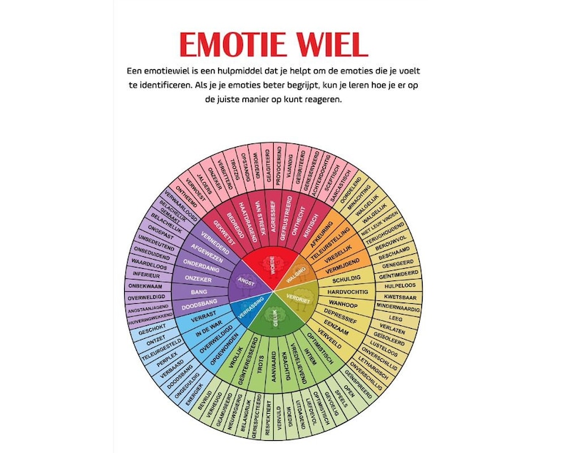 Dutch Emotions Wheel Verhoog Uw Emotionele Intelligentie. Kunstdecoratie voor aan de muur in de praktijkruimte of klaslokaal: Emotiewiel image 1