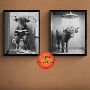 Highland Cow Bathroom Art, Funny Cow on Toilet and In Shower, Black and White Bathroom Decor, Quirky Wall Art, Highland Cow Lover Gift