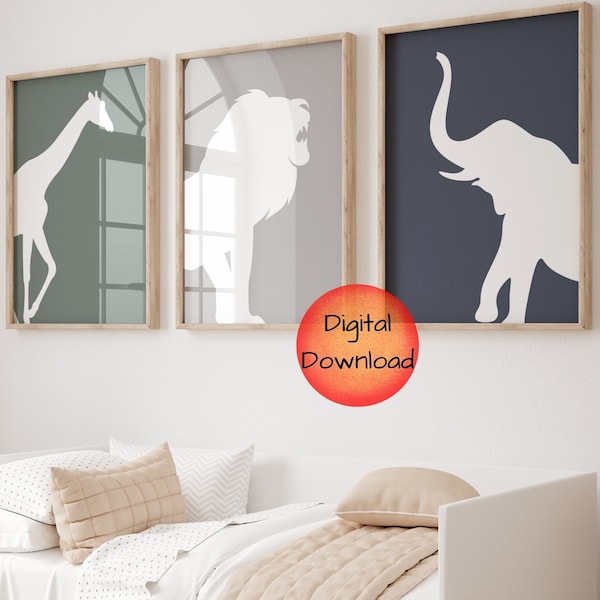 Safari Silhouette Art Prints, Lion Giraffe Elephant Nursery PRINTABLES on Blue Green Grey Backgrounds, Wildlife Digital Download Wall Decor