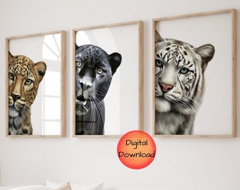 Big Cats Printable Wall Art, Leopard Black Jaguar White Tiger
