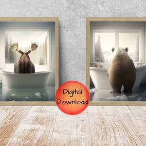 Wildlife Bathroom Decor, Printable Rustic Animal Wall Art, Moose and Bear Prints in Snowy Winter Landscape Scene, Set of 2 Digital Download