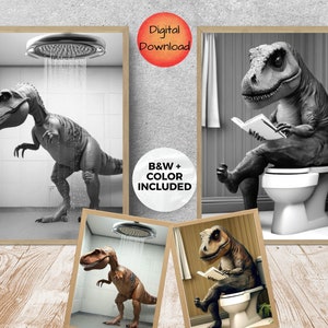 Kids Dinosaur Bathroom Toilet Art, T-Rex Dino Toilet Print, Dinosaur Funny Bathroom Shower Wall Art, Dinosaur Lover Gift, DIGITAL DOWNLOAD