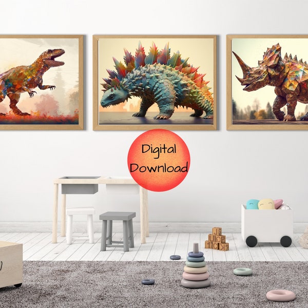 Colorful Dinosaur Abstract DIGITAL DOWNLOAD Prints, T-Rex Stegosaurus Triceratops, Low Poly Art,  Jurassic Wall Decor, Fun Dino Lover Gift