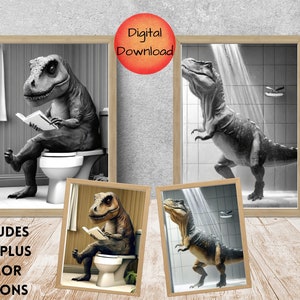 T-Rex Dinosaur Kids Bathroom Art, Dino Shower Poster, T Rex Toilet Print, Quirky Printable Home Decor, Dinosaur Themed Room, INSTANT ACCESS
