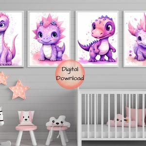 Juego de 4 impresiones digitales de acuarela de dinosaurios para niñas, decoración de habitación infantil, imprimibles para dormitorio de niñas, arte mural de dinosaurios rosa y morado.
