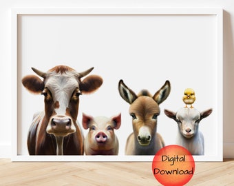 Farm Animals PRINTABLE Wall Art, Cow Pig Donkey Goat Chick, Cute Whimsical Nursery Decor, Gender Neutral Playroom Poster, Instant Download