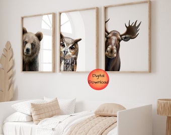 Set of 3 Woodland Animal DIGITAL Prints for Nursery, Moose Owl Bear Forest Animal Posters, Cute Modern Wildlife Theme Artwork, Nature Decor