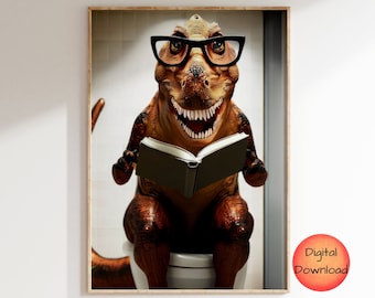 Quirky Dinosaur Bathroom Print, T-Rex Animal on Toilet Reading, Humorous Dinosaur Poster, Dino Lover Gift, Dinosaur Theme Wall Art PRINTABLE