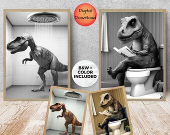 Kids Dinosaur Bathroom Toilet Art, T-Rex Dino Toilet Print, Dinosaur Funny Bathroom Shower Wall Art, Dinosaur Lover Gift, DIGITAL DOWNLOAD
