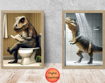 T-Rex Kids Bathroom Art, DIGITAL DOWNLOAD Dinosaur Prints, T Rex Bathroom Toilet Pictures, Quirky Home Decor, Dino Humor, Funny Picture