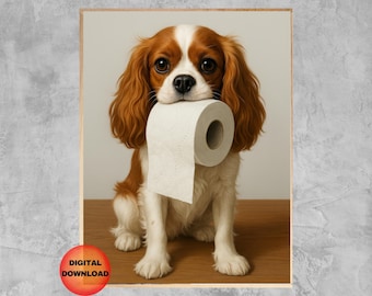Art mural drôle de papier toilette Cavalier, affiche de salle de bain Cavalier King Charles Spaniel, photo de chien de salle de bain d'invité, idée cadeau chien maman, téléchargement