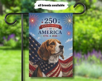 May include: A garden flag featuring a beagle wearing a patriotic bandana, with the American flag in the background. The flag commemorates the 250th anniversary of America, with fireworks and text reading "250th Anniversary of America 1776-2026".