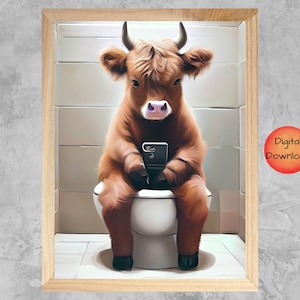 Highland Cow Toilet Wall Art, Whimsical Highland Cow On Toilet, Funny Bathroom Farmhouse Prints, Scottish Cow Lover Gift, DIGITAL DOWNLOAD