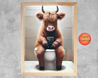 Highland Cow Toilet Wall Art, Whimsical Highland Cow On Toilet, Funny Bathroom Farmhouse Prints, Scottish Cow Lover Gift, DIGITAL DOWNLOAD
