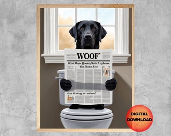 Black Labrador Bathroom Wall Art, Funny Labrador On Toilet Reading Print, Whimsy Black Labrador Toilet Picture, Dog Lover Gift, DOWNLOADABLE
