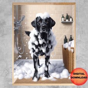 Art mural de salle de bain LABRADOR noir, affiche de laboratoire drôle dans la douche, impression d&#39;animal pour l&#39;heure du bain pour enfants, cadeau fantaisiste pour maman amateur de Labrador, téléchargeable