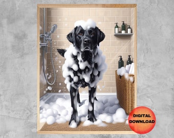 May include: A black Labrador Retriever dog covered in white soap suds stands in a shower stall. The dog is looking at the camera. There are bottles of shampoo and towels on a shelf in the background.