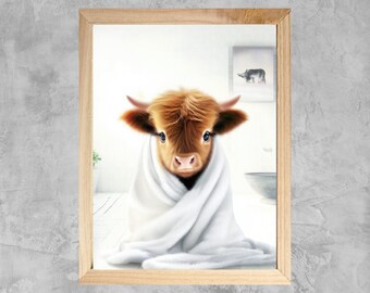 AXXPosters-Bathroom Highland Cow Wall Art Country Farmhouse Cute Cow Animal Picture Print On Canvas Artwork For Brown Kitchen Decor 12x12