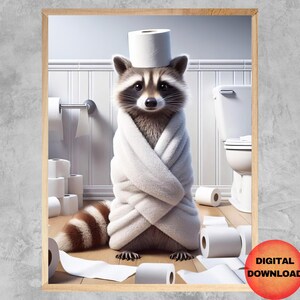 RACCOON Bathroom Wall Art, Funny Guest Bathroom Raccoon Printable, Kids Toilet Paper Animal Print, Raccoon Toilet Humor Decor, DOWNLOAD