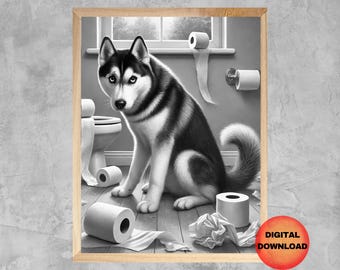 Siberian Husky Dog On Toilet Black and White Print, Husky Toilet Paper Bathroom Decor, Funny Kids Pet Animal Poster, Dog Mom Gift, DOWNLOAD