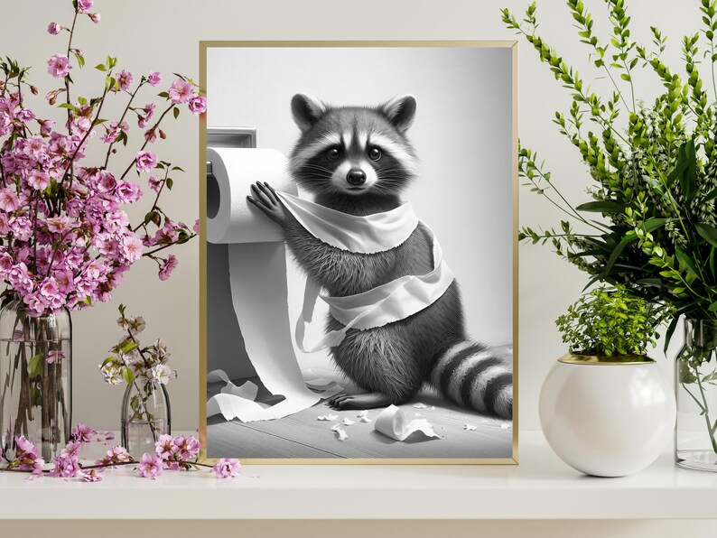 Raccoon Toilet Paper Animal Print, Black and White Bathroom Wall Art ...