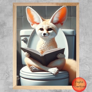 Funny Fox Toilet Wall Art, Fennec Fox Reading Bathroom Print, Fox Lovers Whimsical Gift,  Fennec Fox Kids Bathroom Poster, DOWNLOADABLE Art