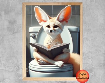 Lustige Fuchs Toilette Wandkunst, Fennek Fuchs lesen Badezimmer Druck, Fuchs Liebhaber wunderliches Geschenk, Fennek Fuchs Kinder Badezimmer Poster, HERUNTERLADBAR Kunst
