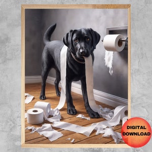 Impression de salle de bain Labrador noir, art mural drôle de papier toilette Labrador, cadeau fantaisiste pour les amateurs de Labrador, oeuvre d&#39;art d&#39;humour de salle de bain, téléchargeable