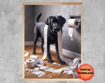 Black Labrador Bathroom Print, Funny Labrador Toilet Paper Wall Art, Whimsy Gift for Labrador Lovers, Bathroom Humor Artwork, DOWNLOADABLE