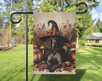 German Shorthaired Pointer Fall Garden Flag, Custom Autumn GSP Halloween Yard Sign, Cottage Core Pumpkin House Flag, Patio Pet Dog Banner