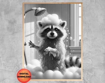 Funny Raccoon Taking Shower Black and White Poster, Raccoon Bathroom Wall Art, Guest Bathroom Animal Print, Kids Bathroom Humor, DOWNLOAD