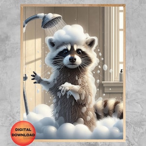 RACCOON Bathroom Wall Art, Funny Raccoon Taking A Shower Poster, Raccoon Guest Bathroom Print, Kids Animal Bathroom Humor Picture, DOWNLOAD