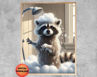 RACCOON Bathroom Wall Art, Funny Raccoon Taking A Shower Poster, Raccoon Guest Bathroom Print, Kids Animal Bathroom Humor Picture, DOWNLOAD