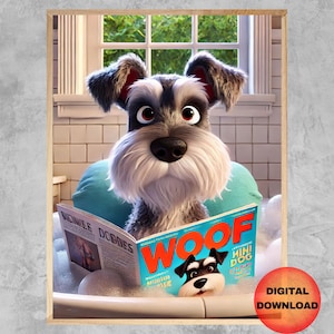 Funny Mini Schnauzer Bathroom Art, Kids Cartoon Dog Wall Print, Whimsical Dog Bath Decor, Playful Animal Prints, Boy Girl Digital DOWNLOAD