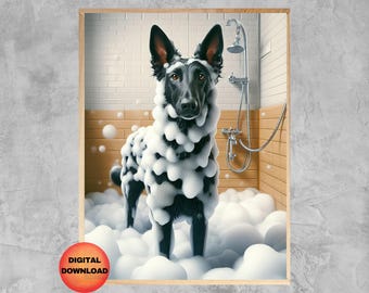 May include: A black and white German Shepherd dog covered in white bubbles in a shower stall. The dog is looking at the camera. The shower head is visible in the background.