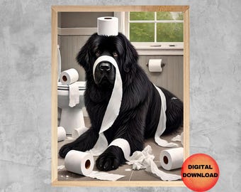 May include: A black dog with a roll of toilet paper on its head and wrapped around its body. The dog is sitting in a bathroom with a toilet and other rolls of toilet paper scattered around.