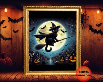 Black CAT Halloween Printable, Funny Cat Witch On Broomstick Poster, Black Cat Spooky Picture, Witchy Print, Whimsy Cat Lover Gift, DOWNLOAD