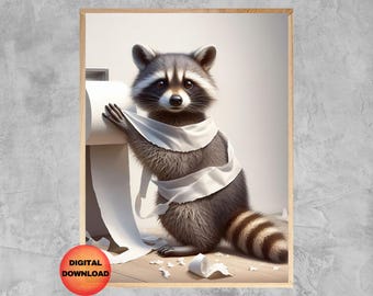 Raccoon Funny Bathroom Wall Art, Raccoon Toilet Paper Poster, Whimsy Guest Bathroom Animal Picture, Kids Bathroom Humor Decor, DOWNLOAD