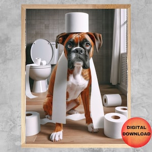 Può includere: Un boxer marrone e bianco che indossa un rotolo di carta igienica come cappello. Il cane è in piedi in un bagno con un water e diversi rotoli di carta igienica sparsi sul pavimento.