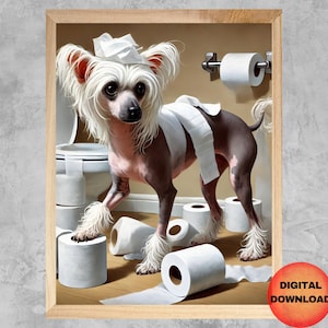 以下が含まれることがあります： 白いチャイニーズ・クレストドッグが、白いトイレットペーパーのロールを体に巻き付けています。犬は、床に散らばったいくつかのトイレットペーパーのロールのあるバスルームに立っています。