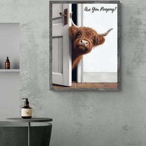 May include: A framed print of a Highland cow peeking around a door with the text "Are You Pooping?" printed on the wall.
