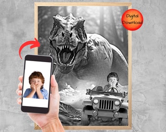 Black and White Personalized Dinosaur Kids Art, Portrait from Photo, Custom T-Rex Poster, Dinosaur Themed Boys Room, Jurassic Dino Printable