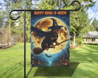 Rottweiler Dog Halloween Yard Flag, Rottweiler Broomstick Garden Flag, Fall Dog House Flag, Dog Breed Home Banner, Pet Outdoor Decoration