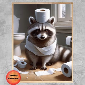 Raccoon Bathroom Wall Art, Funny Raccoon Toilet Printable, Kids Raccoon Toilet Paper Animal Print, Whimsy Raccoon Lover Gift, DOWNLOADABLE