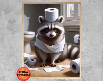 Raccoon Bathroom Wall Art, Funny Raccoon Toilet Printable, Kids Raccoon Toilet Paper Animal Print, Whimsy Raccoon Lover Gift, DOWNLOADABLE