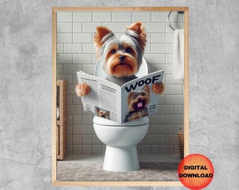 Yorkshire terrier hundtoalett väggkonst, rolig badrumstryck, barnbadrumskonst, fantasifulla djurposters, Yorkshire terrier hundmamma present, hundpappa, LADDA NER