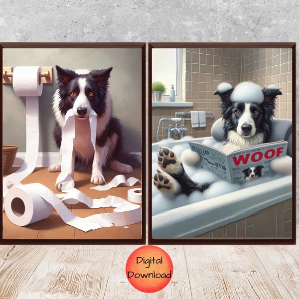 Border Collie Funny Bathroom Wall Art Set of 2, Border Collie Toilet Paper Art, Kids Pet Dog Bathtub Printable, Dog Lover Mom Gift, DOWNLOAD