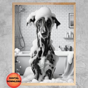 Funny Black Greyhound In Shower Wall Art, Greyhound Black and White Bathroom Printable, Dog Bathtub Poster, Greyhound Lover Gift, DOWNLOAD