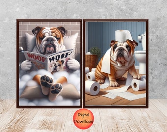 May include: Two illustrations of a bulldog. The first image shows a bulldog sitting in a bathtub reading a magazine called "Woof". The second image shows a bulldog wearing a toilet paper roll as a hat and standing in a bathroom.